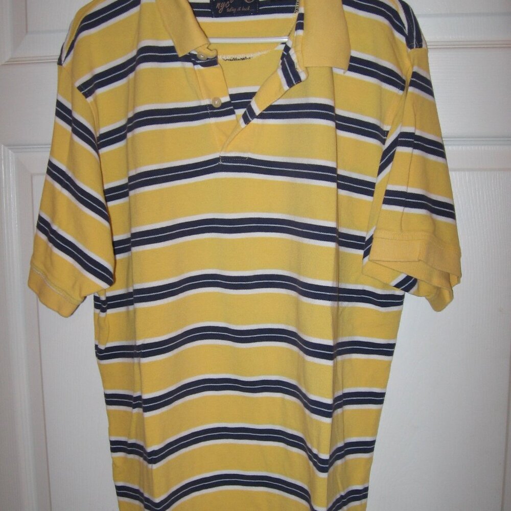 Vintage NYC Yellow Blue White Striped Polo Shirt Men's XL 100% Cotton
